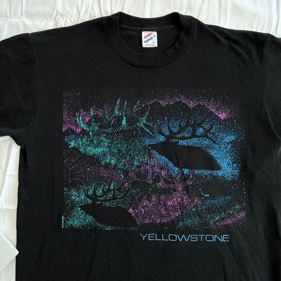 90's Jerzees Yellowstone Black Graphic Moose Elk Super T Shirt Size Large USA - Picture 1 of 7
